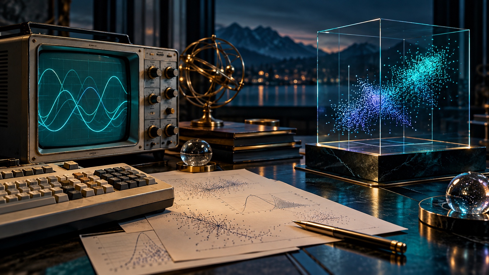 Concept illustration combining a vintage oscilloscope with a modern statistical point cloud