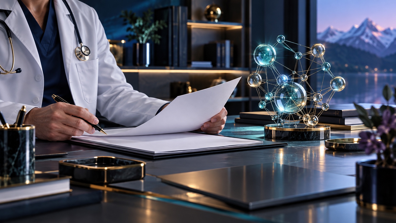 Concept illustration of professional medical information review with an AI knowledge network